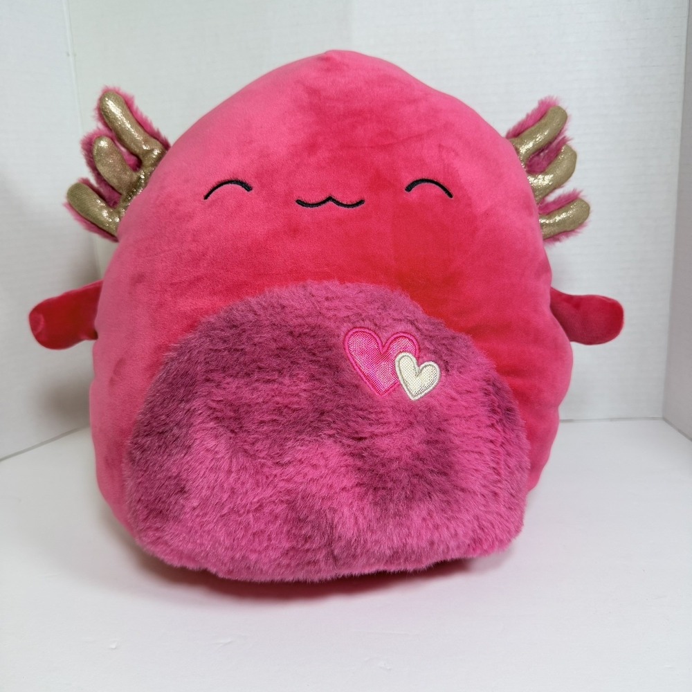 Squishmallow 12" IndieMae Axolotl Red Fuzzy Heart Valentine Plush pre owned